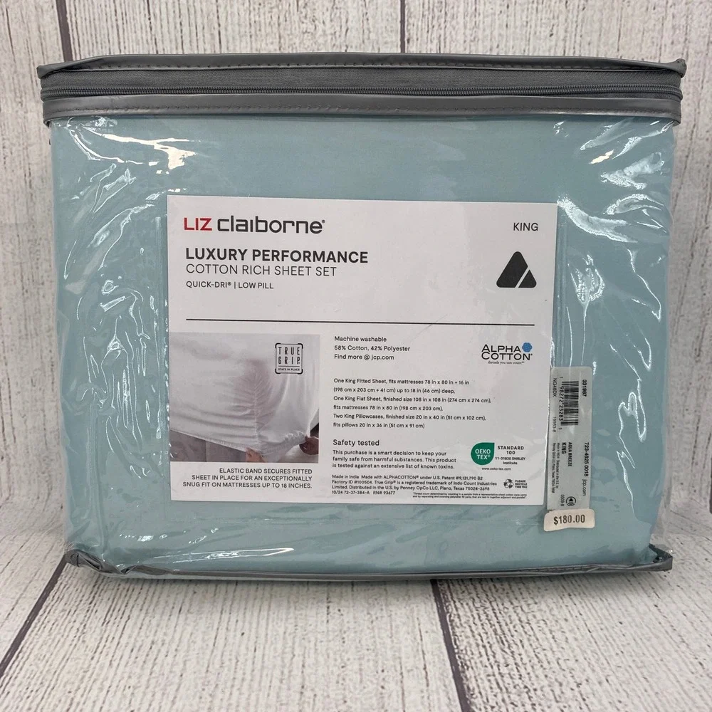 Liz Claiborne Sheet Set KING Aqua Breeze Luxury Performance 1000TC Cotton Rich